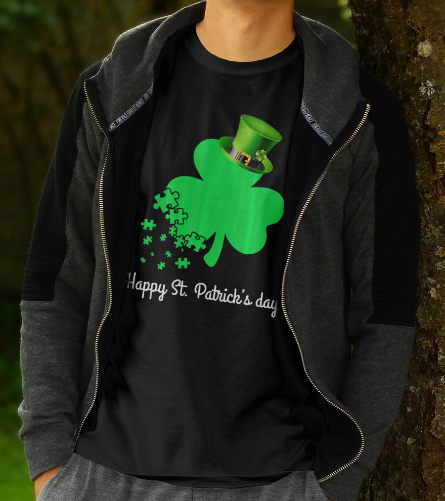 Happy St. Patrick's Day Shamrock With Puzzle Pieces Autism Awareness T-Shirt