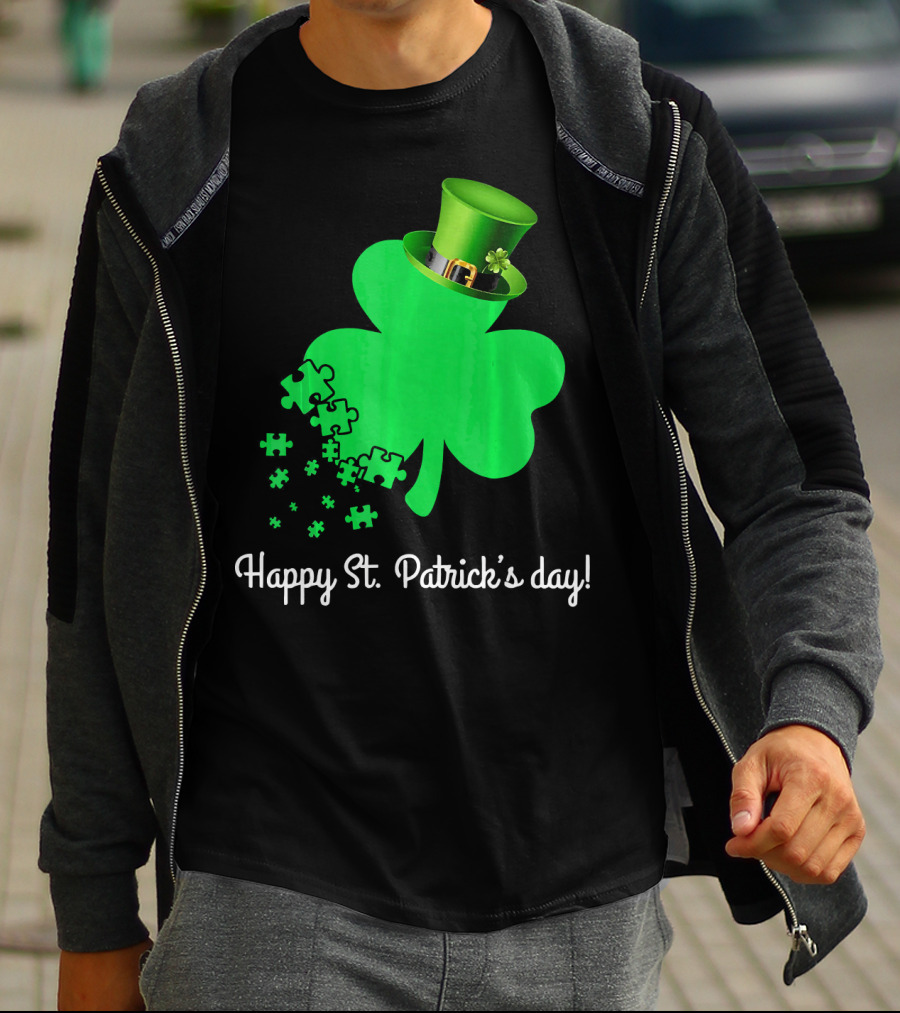 Happy St. Patrick's Day Shamrock With Puzzle Pieces Autism Awareness T-Shirt
