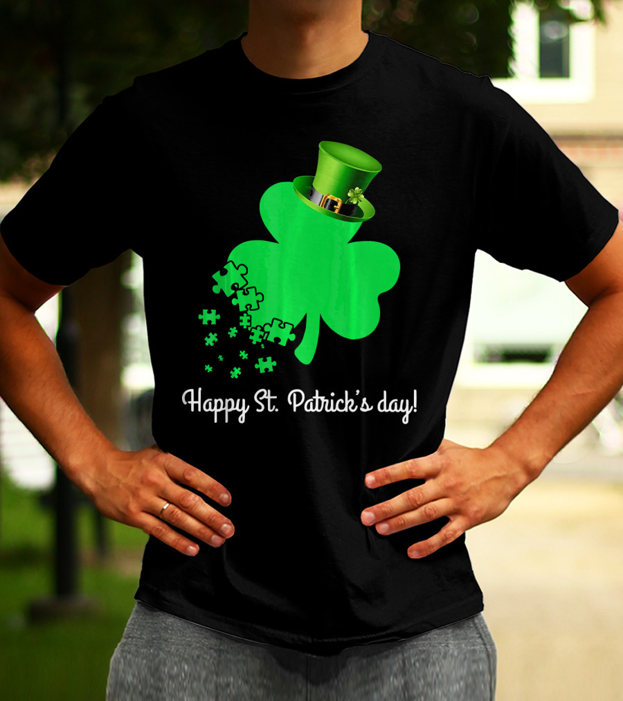 Happy St. Patrick's Day Shamrock With Puzzle Pieces Autism Awareness T-Shirt