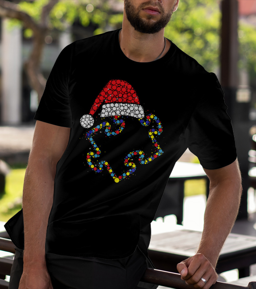 Santa Hat With Colorful Puzzle Pieces Autism Awareness T-Shirt