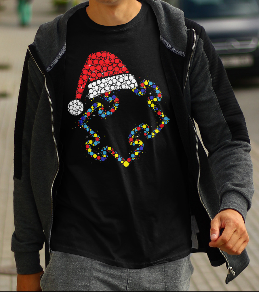 Santa Hat With Colorful Puzzle Pieces Autism Awareness T-Shirt