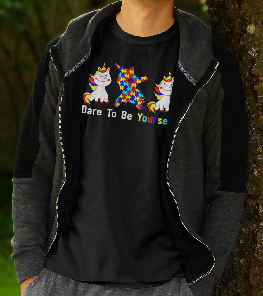 Dare To Be Yourself Autism Awareness Unicorn Puzzle Dabbing T-Shirt