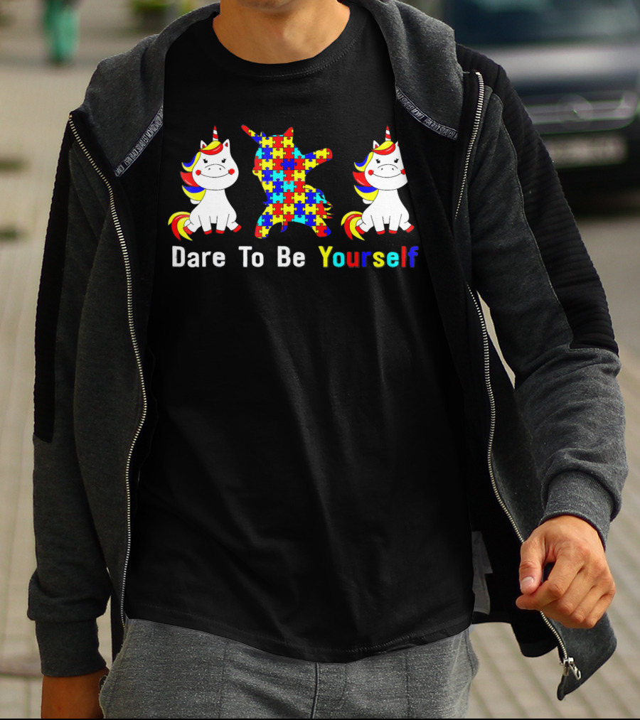 Dare To Be Yourself Autism Awareness Unicorn Puzzle Dabbing T-Shirt