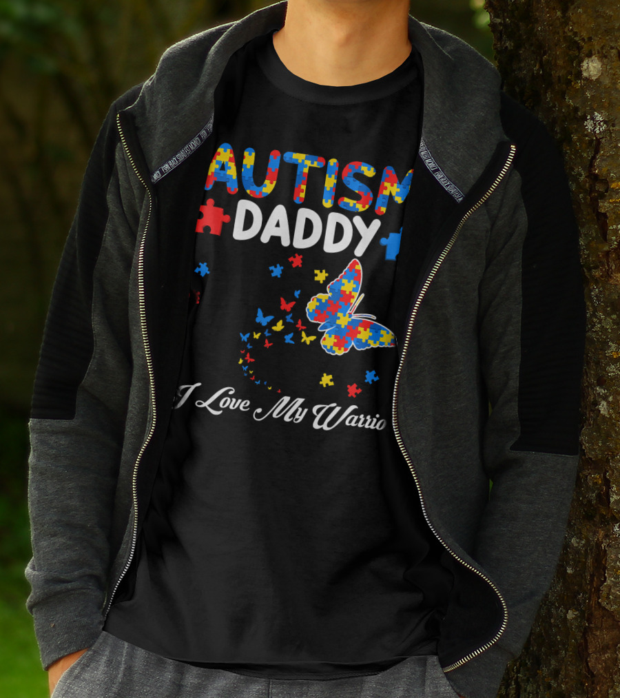 Autism Daddy I Love My Warrior Butterfly Puzzle Pieces T-Shirt