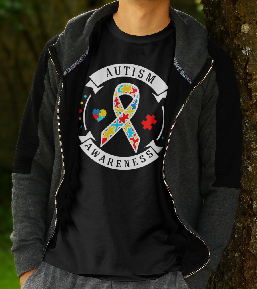 Autism Awareness White Puzzle Piece Ribbon Heart T-Shirt