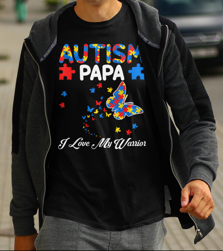 Autism Papa I Love My Warrior Butterfly Puzzle T-Shirt