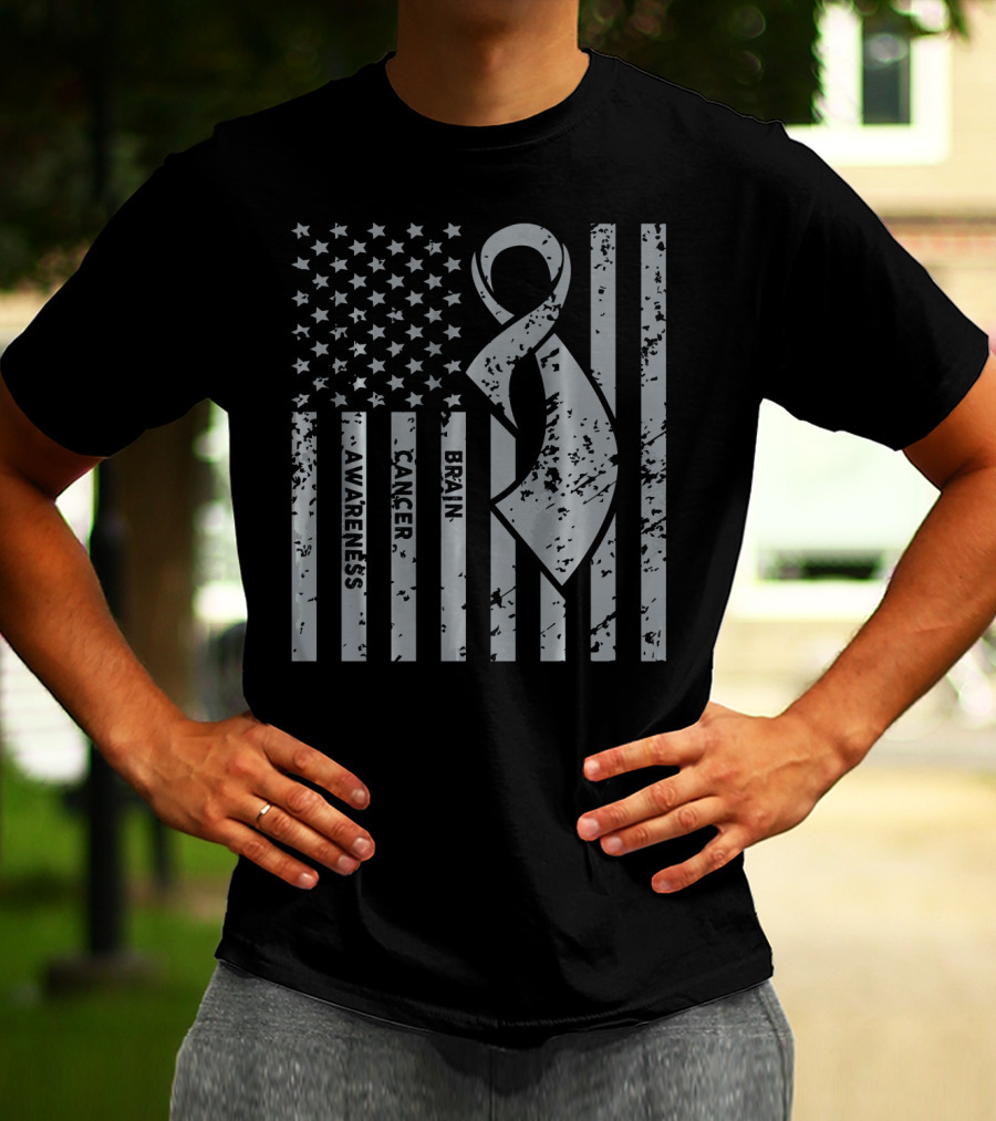 Brain Cancer Awareness Ribbon American Flag T-Shirt