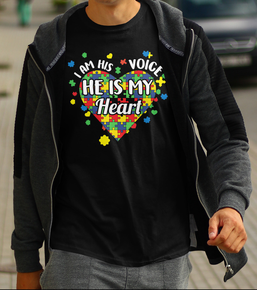 I Am His Voice He Is My Heart Autism Awareness Puzzle Heart T-Shirt