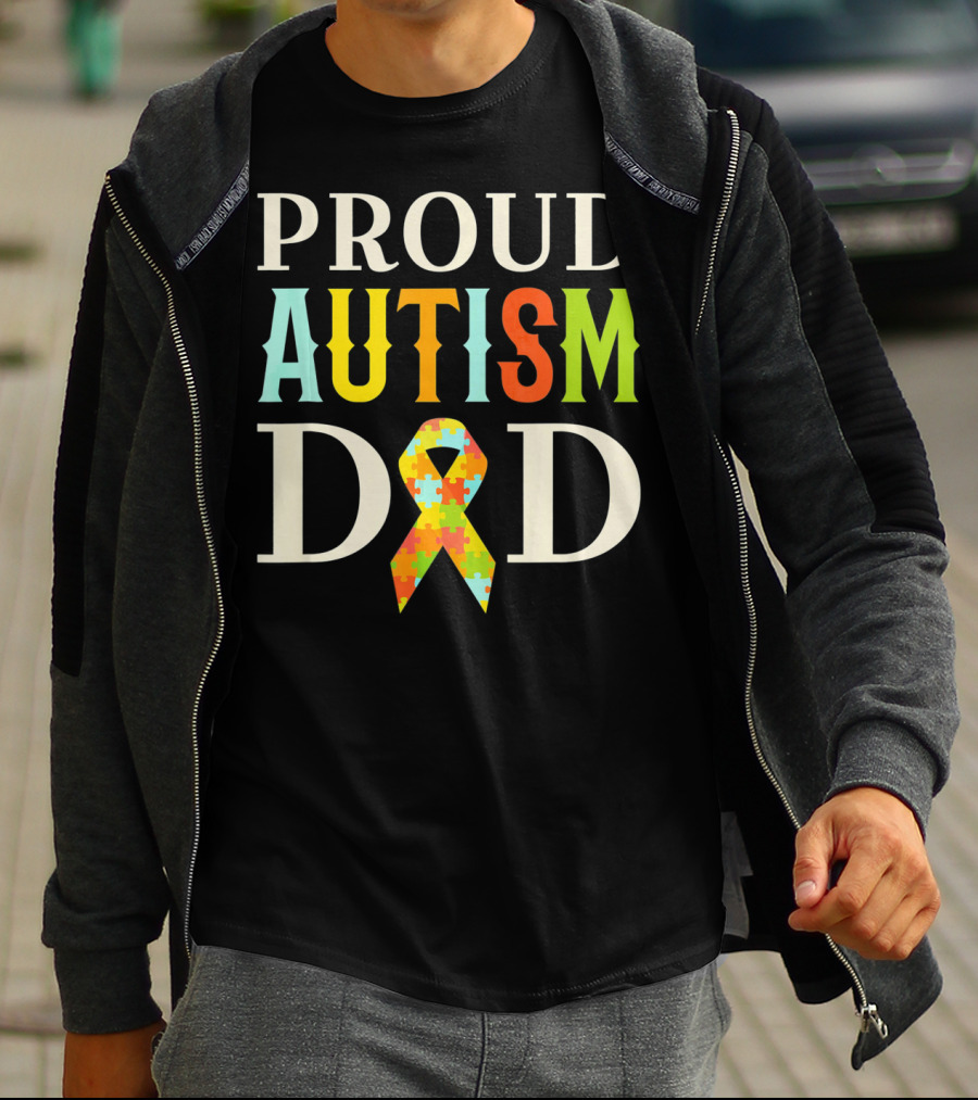 Proud Autism Dad Multicolor Puzzle Ribbon Awareness T-Shirt
