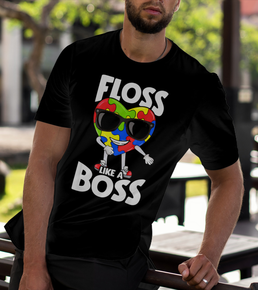 Autism Awareness Floss Like A Boss Puzzle Heart Wearing Sunglasses T-Shirt