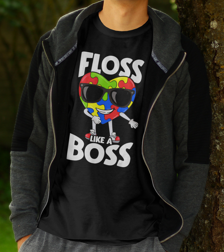 Autism Awareness Floss Like A Boss Puzzle Heart Wearing Sunglasses T-Shirt