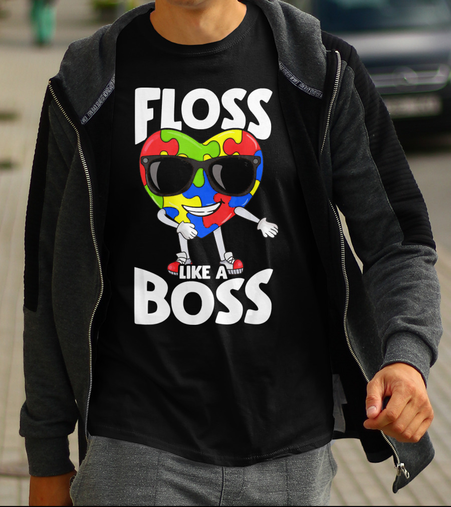 Autism Awareness Floss Like A Boss Puzzle Heart Wearing Sunglasses T-Shirt