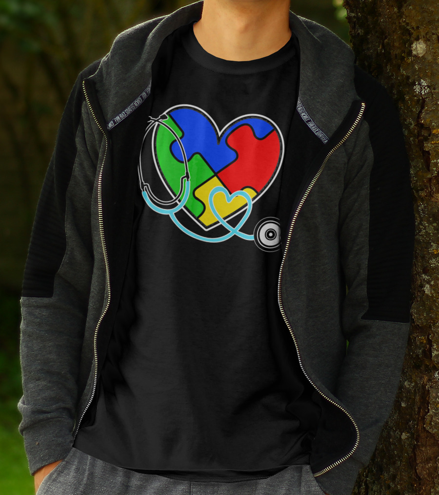 Nurses Autism Awareness Heart With Puzzle Pieces And Stethoscope T-Shirt