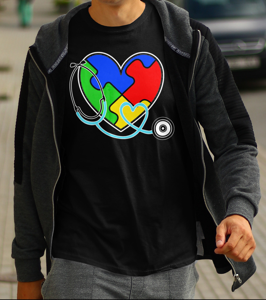 Nurses Autism Awareness Heart With Puzzle Pieces And Stethoscope T-Shirt