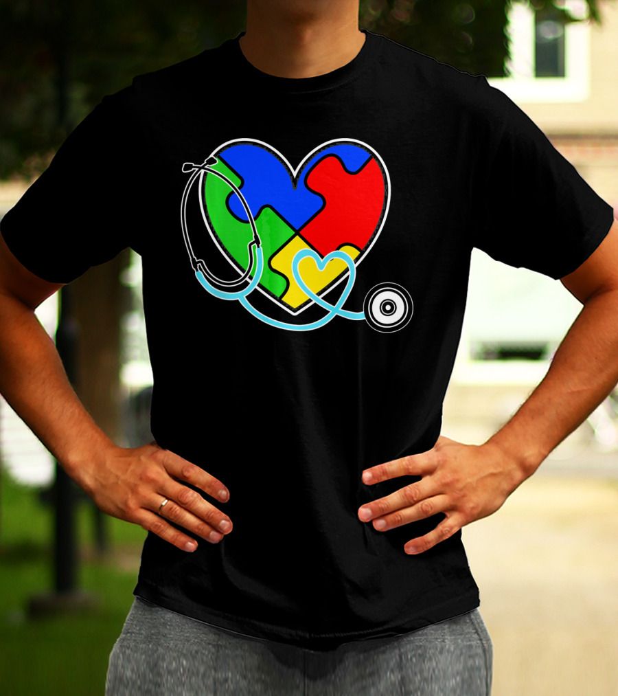 Nurses Autism Awareness Heart With Puzzle Pieces And Stethoscope T-Shirt