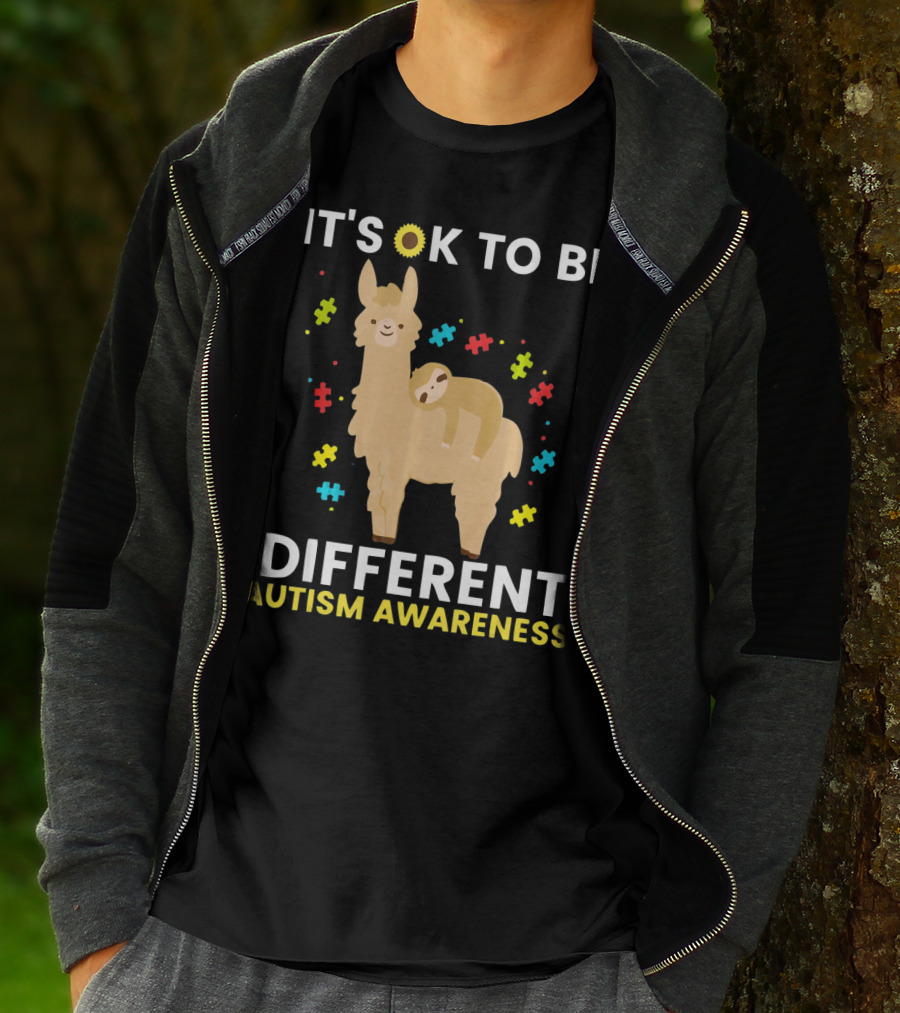 It's OK To Be Different Llama Sloth Autism Awareness T-Shirt
