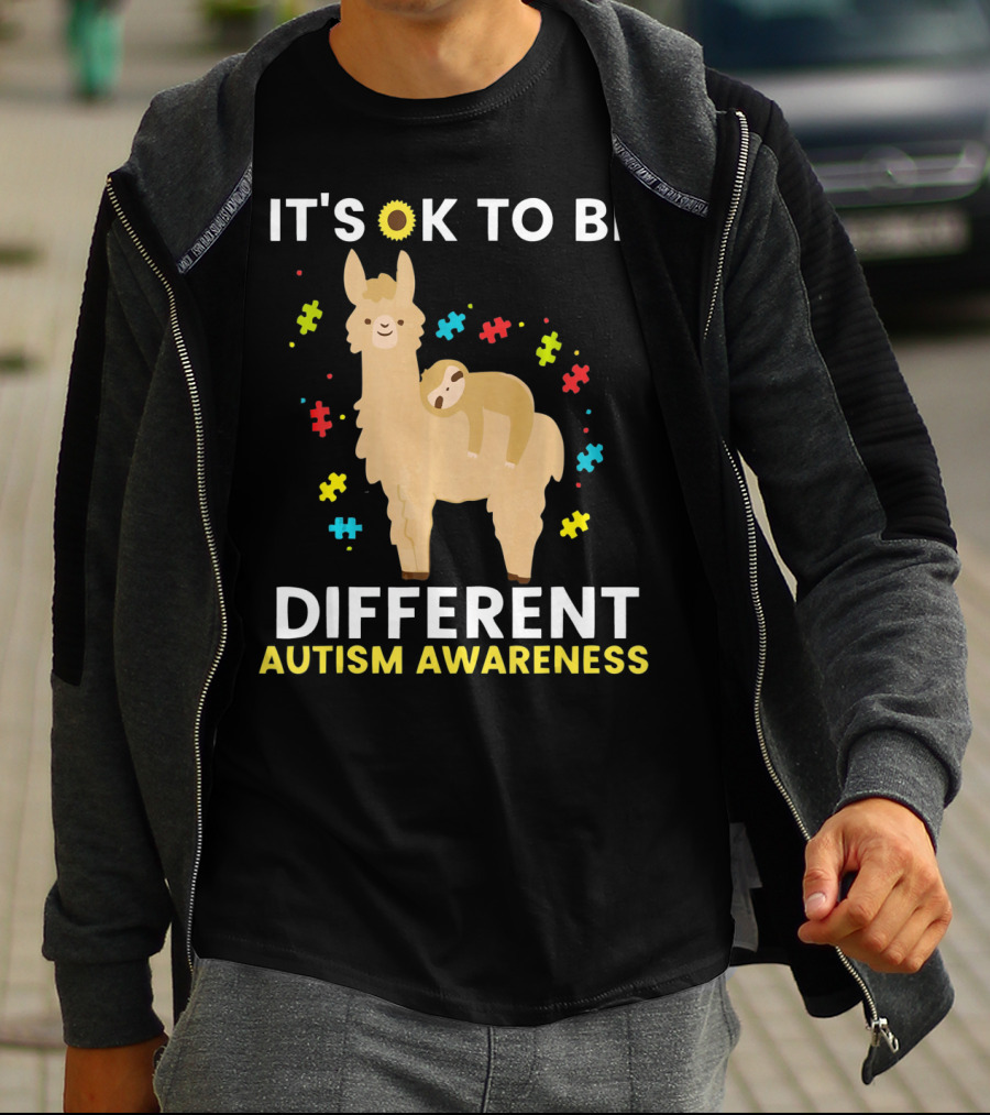 It's OK To Be Different Llama Sloth Autism Awareness T-Shirt