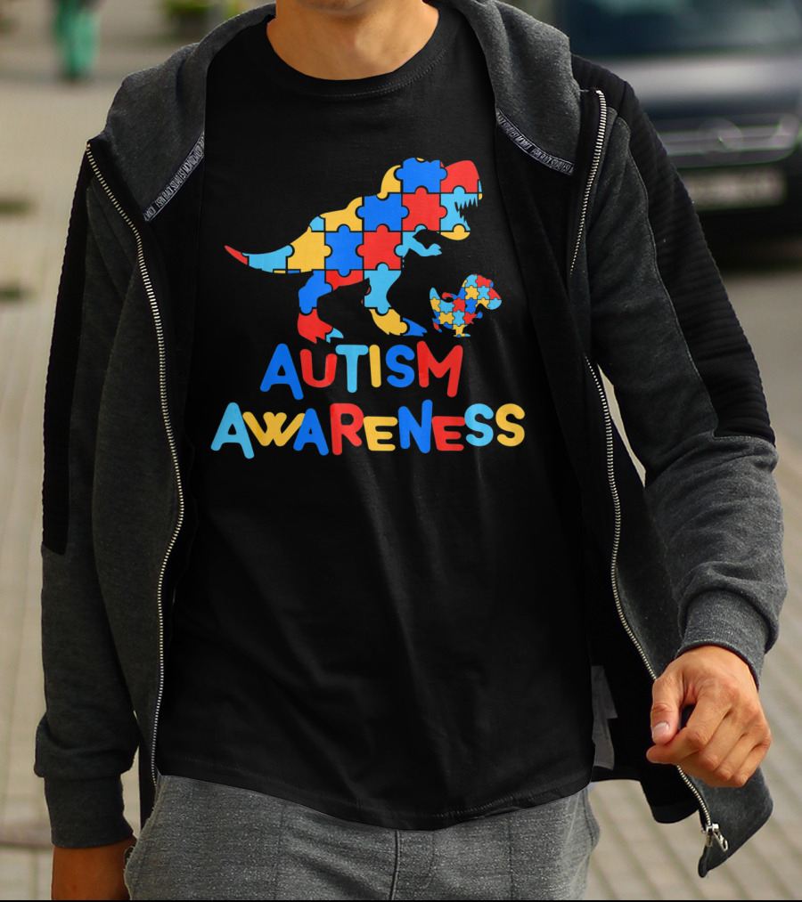 Dinosaur Puzzle Autism Awareness Colorful Piece T-Shirt