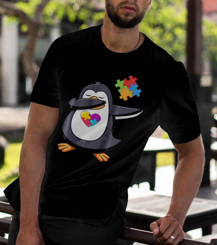 Penguin Dab Puzzle Piece Heart Autism Awareness T-Shirt