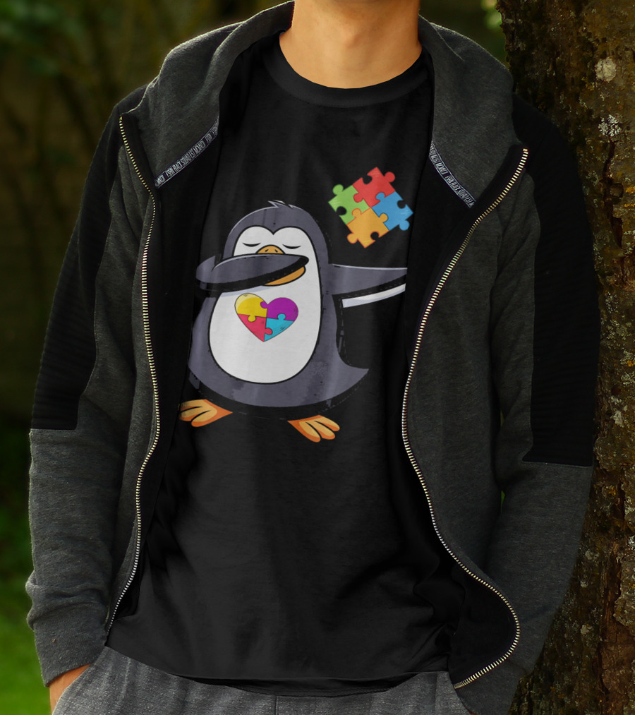 Penguin Dab Puzzle Piece Heart Autism Awareness T-Shirt