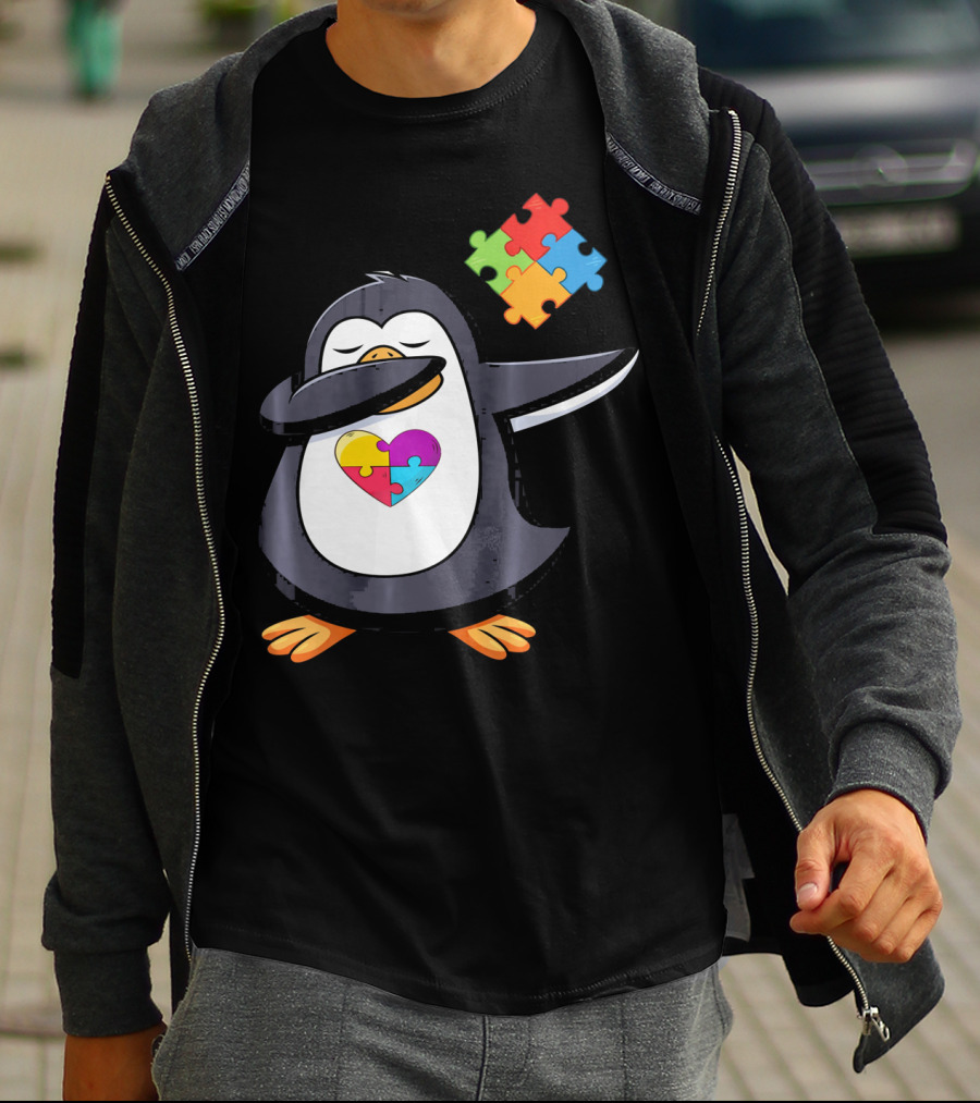 Penguin Dab Puzzle Piece Heart Autism Awareness T-Shirt
