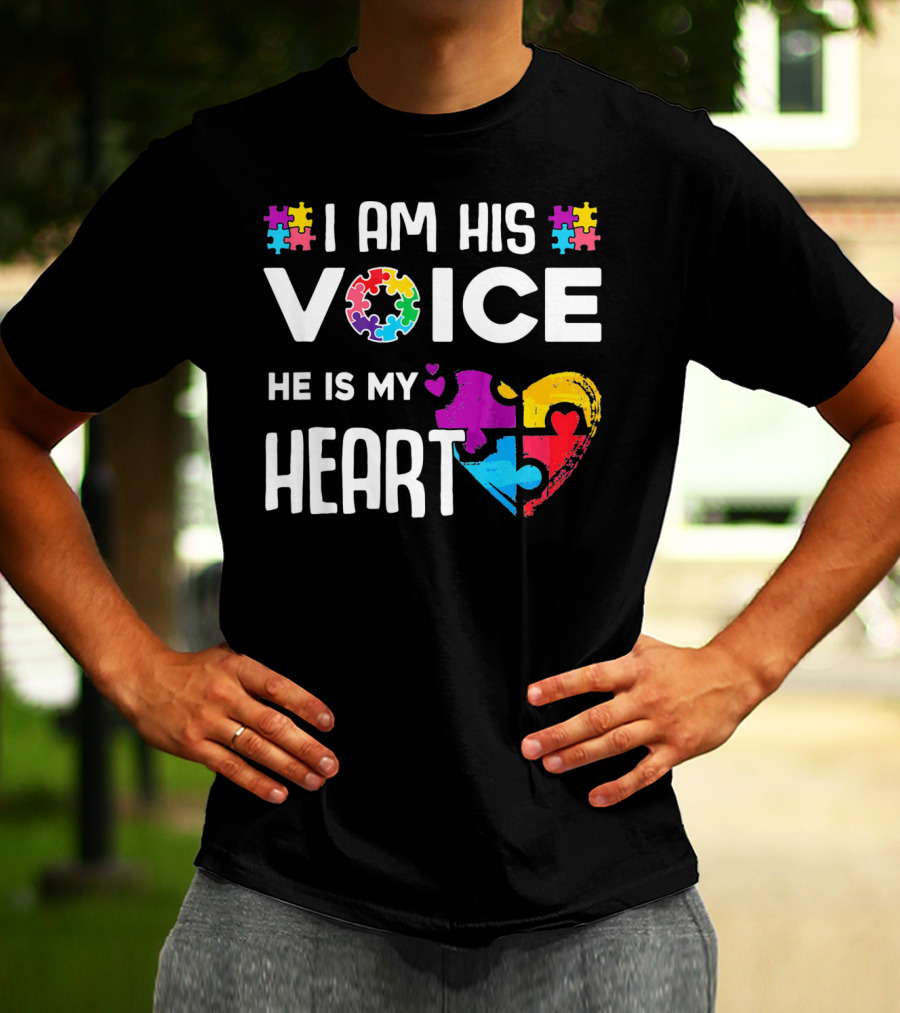 Autism Awareness I Am His Voice He Is My Heart Puzzle Piece Heart T-Shirt
