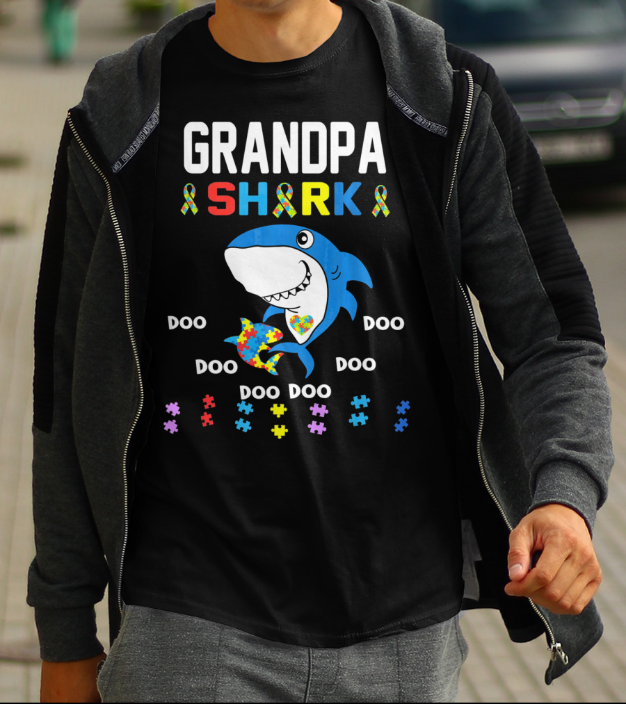 Grandpa Shark Autism Awareness Doo Doo Doo Puzzle T-Shirt