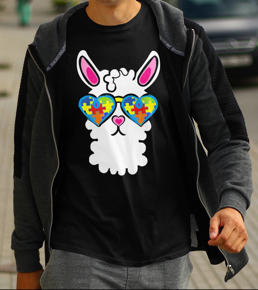 Autism Awareness Llama Heart Puzzle Sunglasses T-Shirt