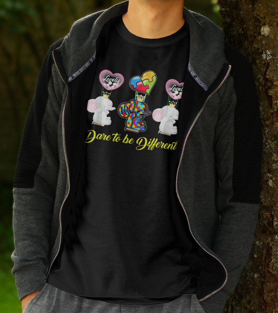 Lovely Dare To Be Different Autism Awareness Elephants With Heart Balloons T-Shirt