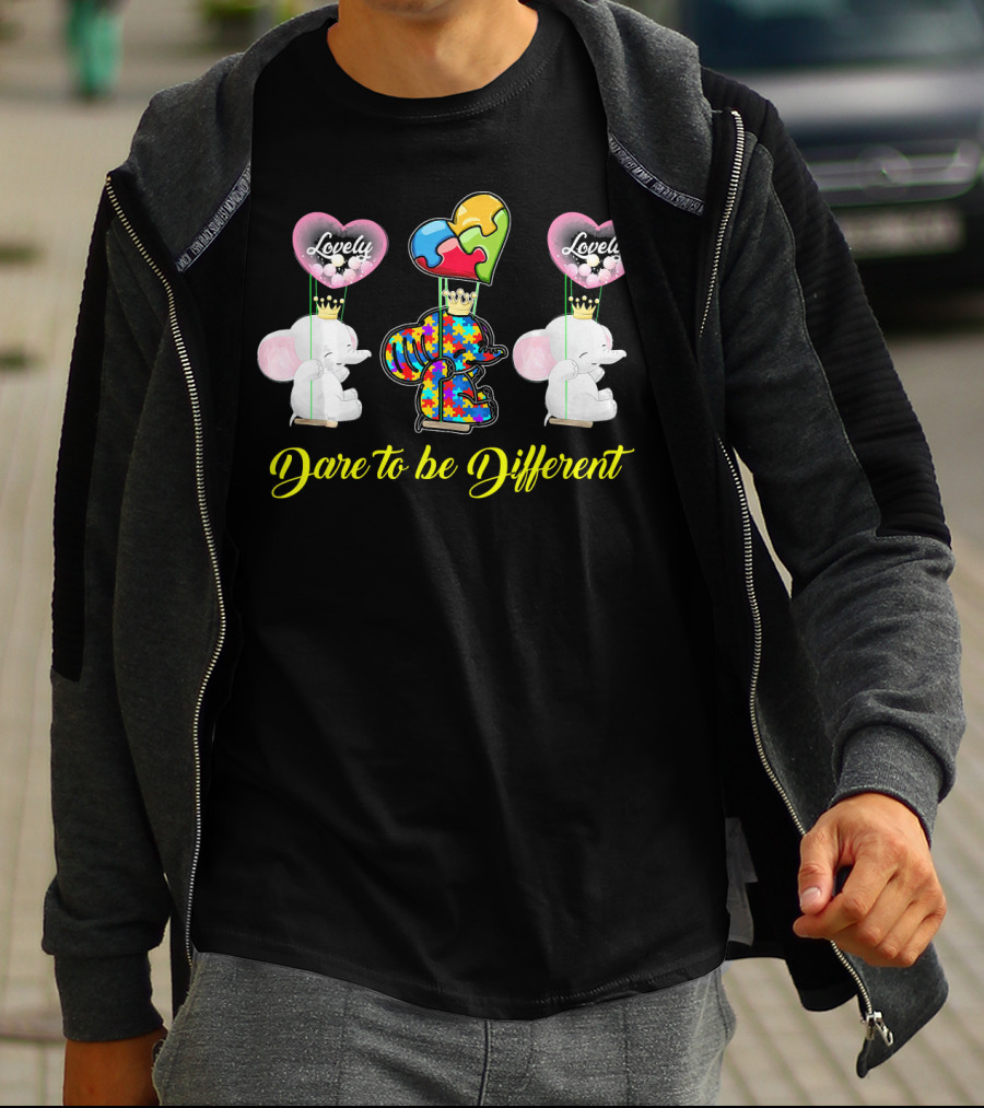 Lovely Dare To Be Different Autism Awareness Elephants With Heart Balloons T-Shirt