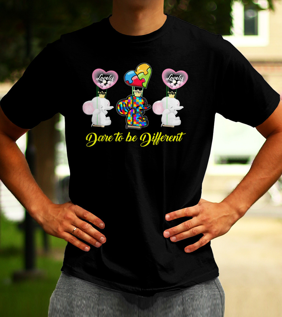 Lovely Dare To Be Different Autism Awareness Elephants With Heart Balloons T-Shirt
