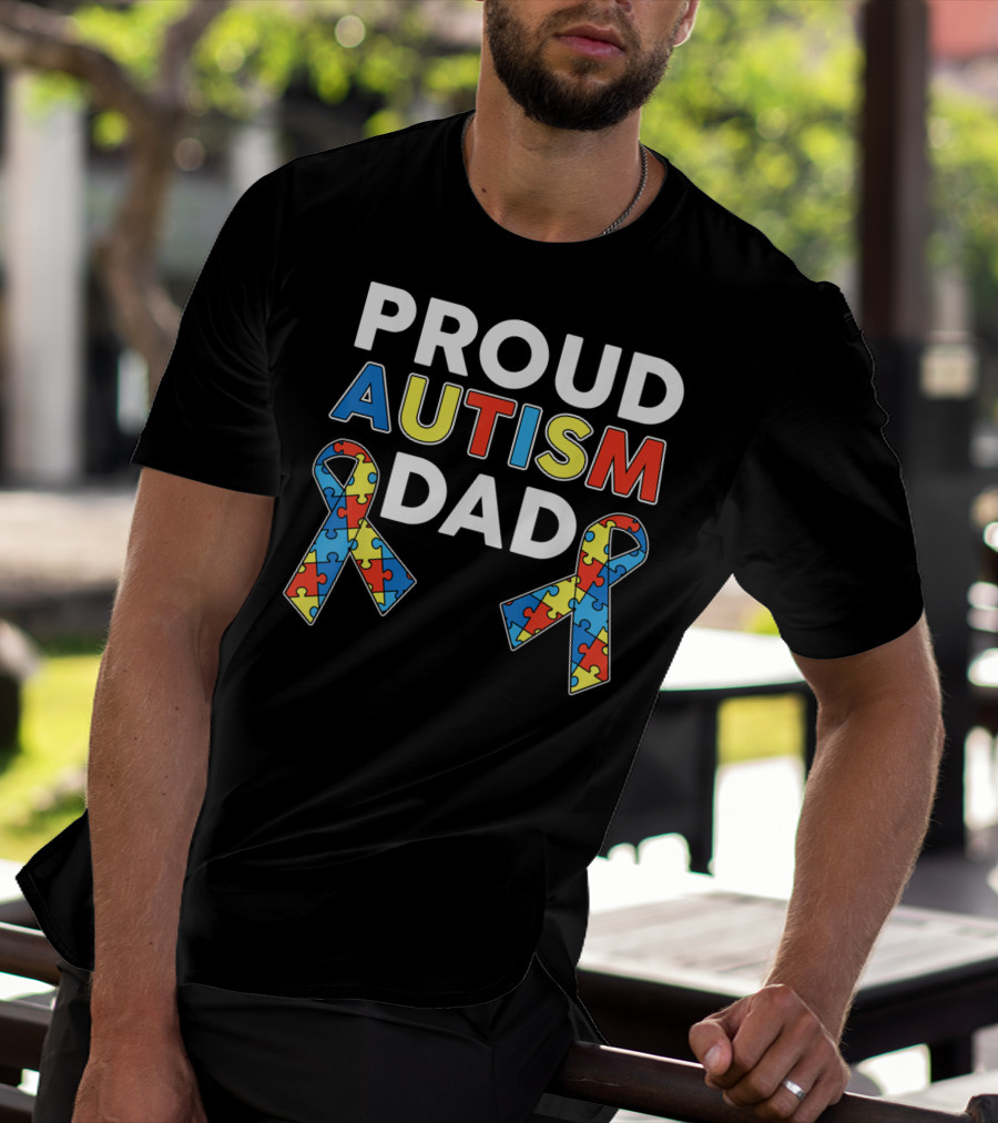 Proud Autism Dad Awareness Ribbon Puzzle T-Shirt