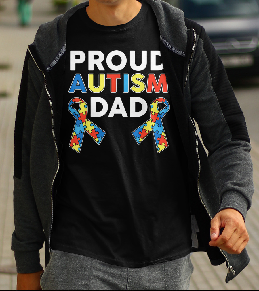 Proud Autism Dad Awareness Ribbon Puzzle T-Shirt