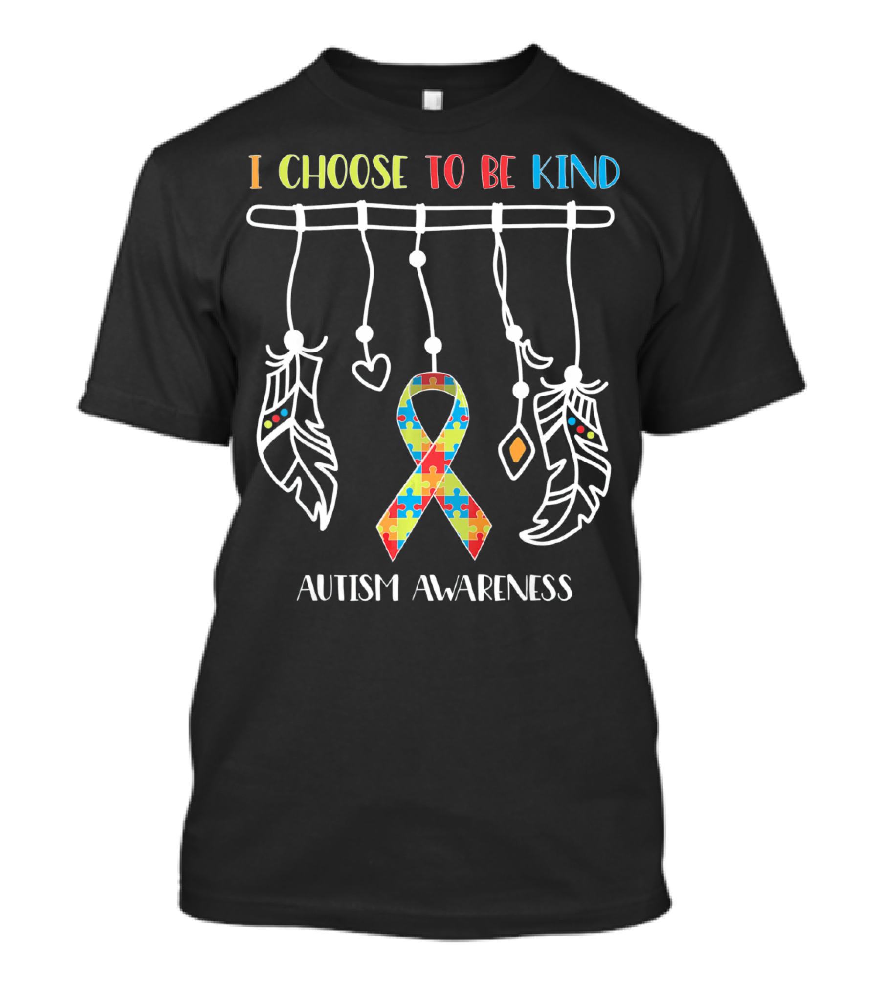 I Choose To Be Kind Autism Awareness Puzzle Ribbon With Dreamcatcher Feathers T-Shirt