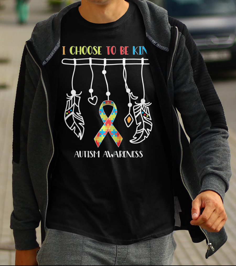 I Choose To Be Kind Autism Awareness Puzzle Ribbon With Dreamcatcher Feathers T-Shirt