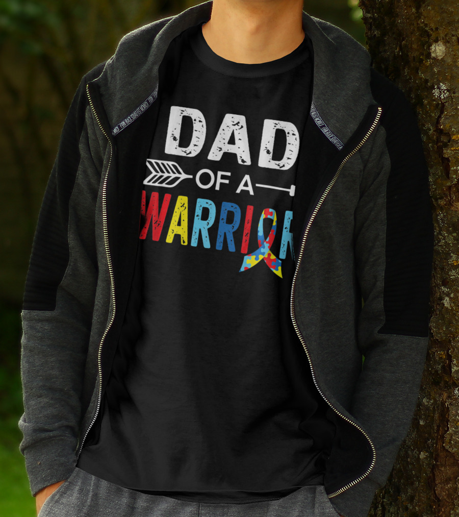 Dad Of A Warrior Autism Awareness Puzzle Ribbon Arrow T-Shirt