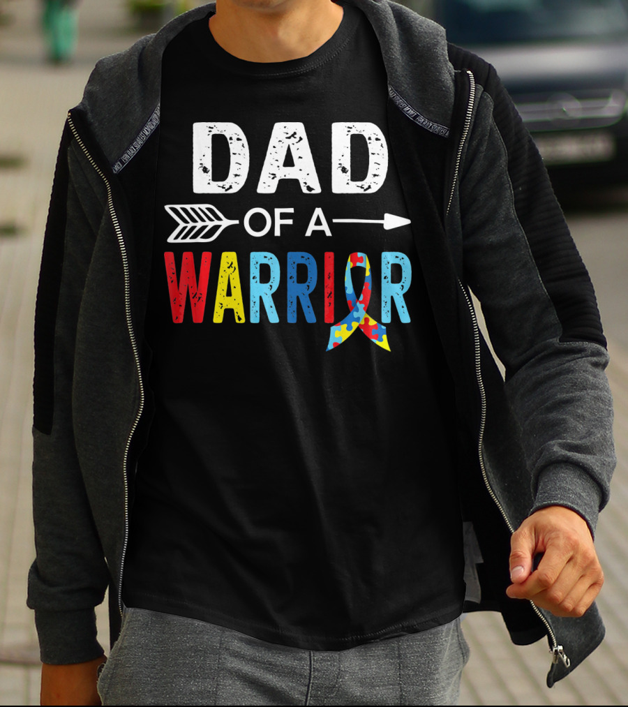 Dad Of A Warrior Autism Awareness Puzzle Ribbon Arrow T-Shirt