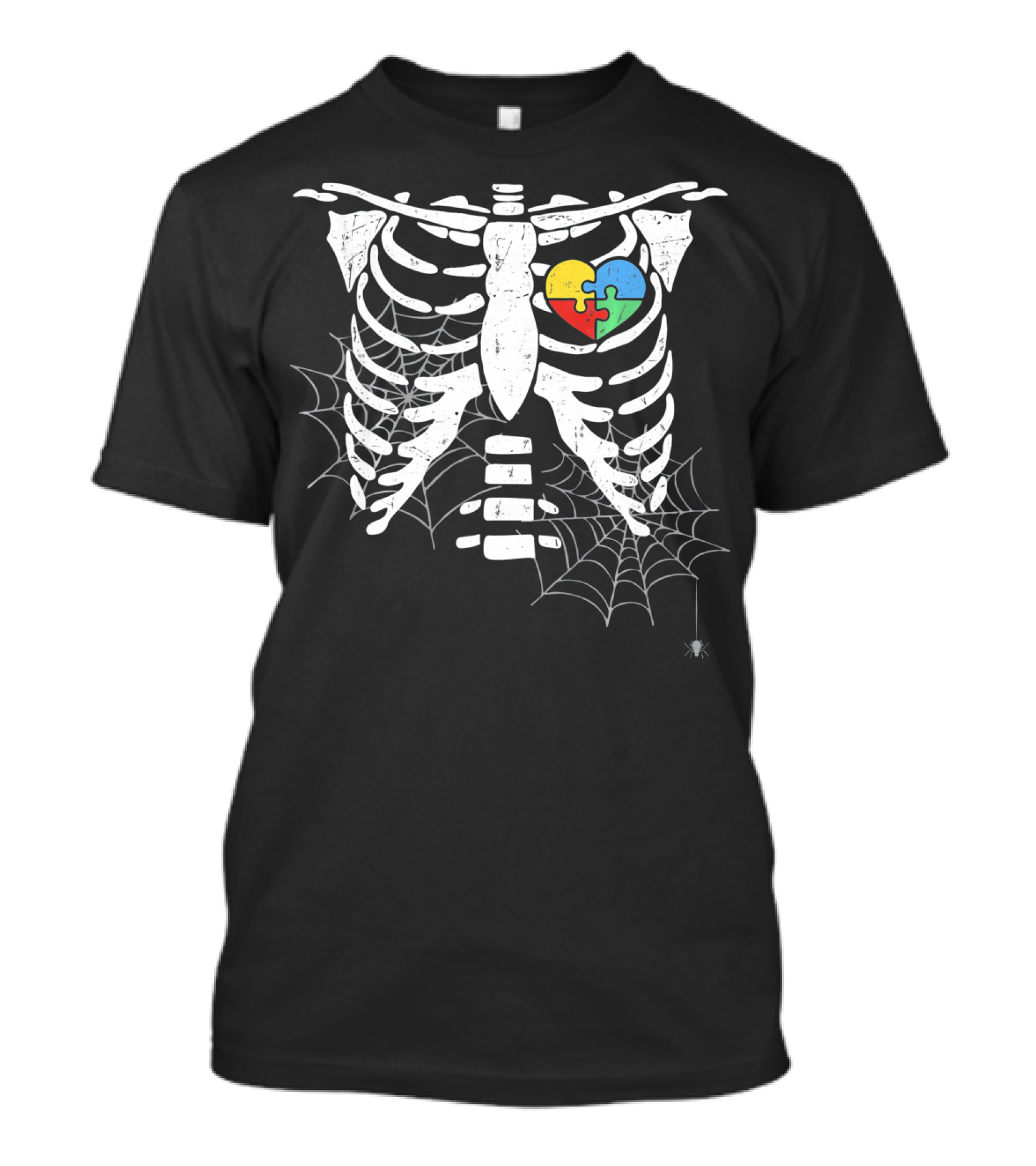 Autism Awareness Halloween Rib Cage With Heart Puzzle And Spider Webs T-Shirt