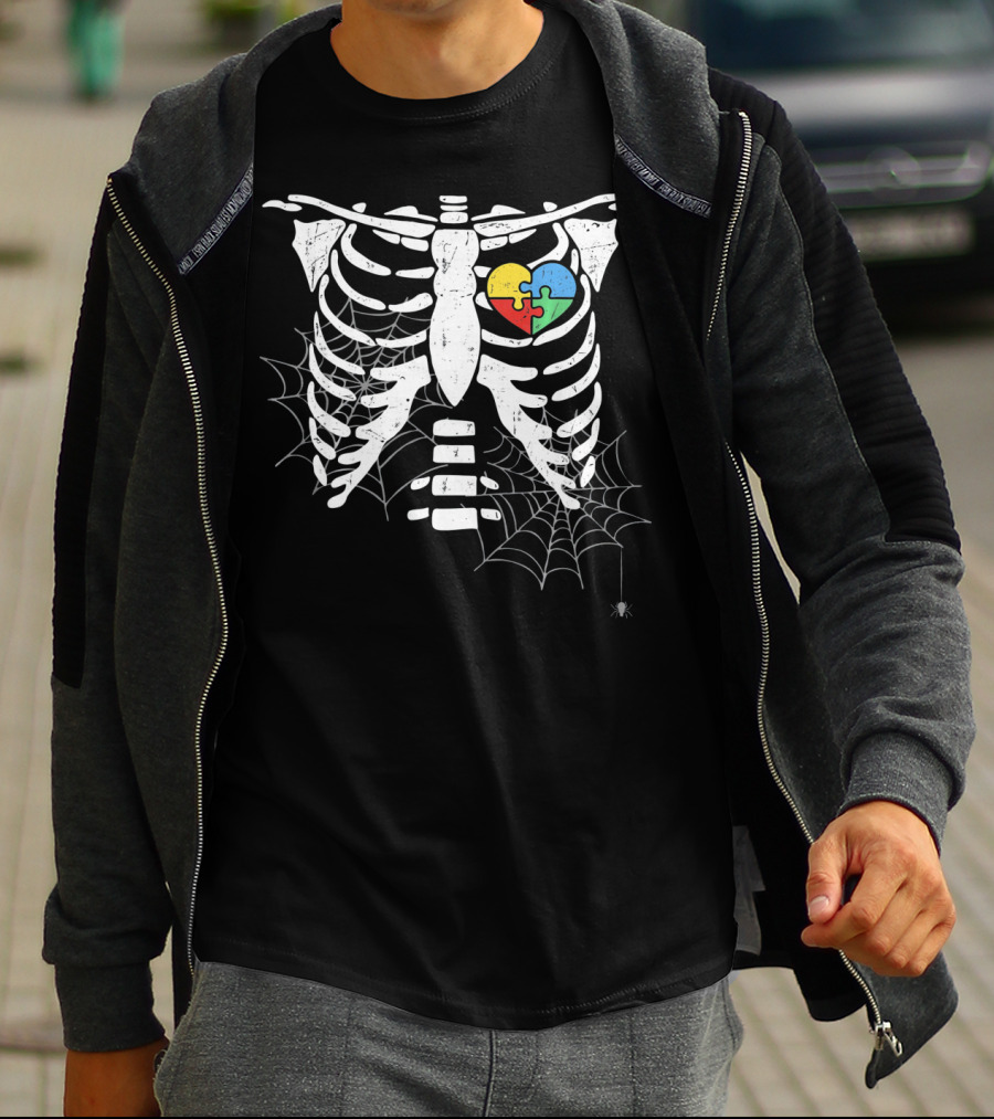Autism Awareness Halloween Rib Cage With Heart Puzzle And Spider Webs T-Shirt