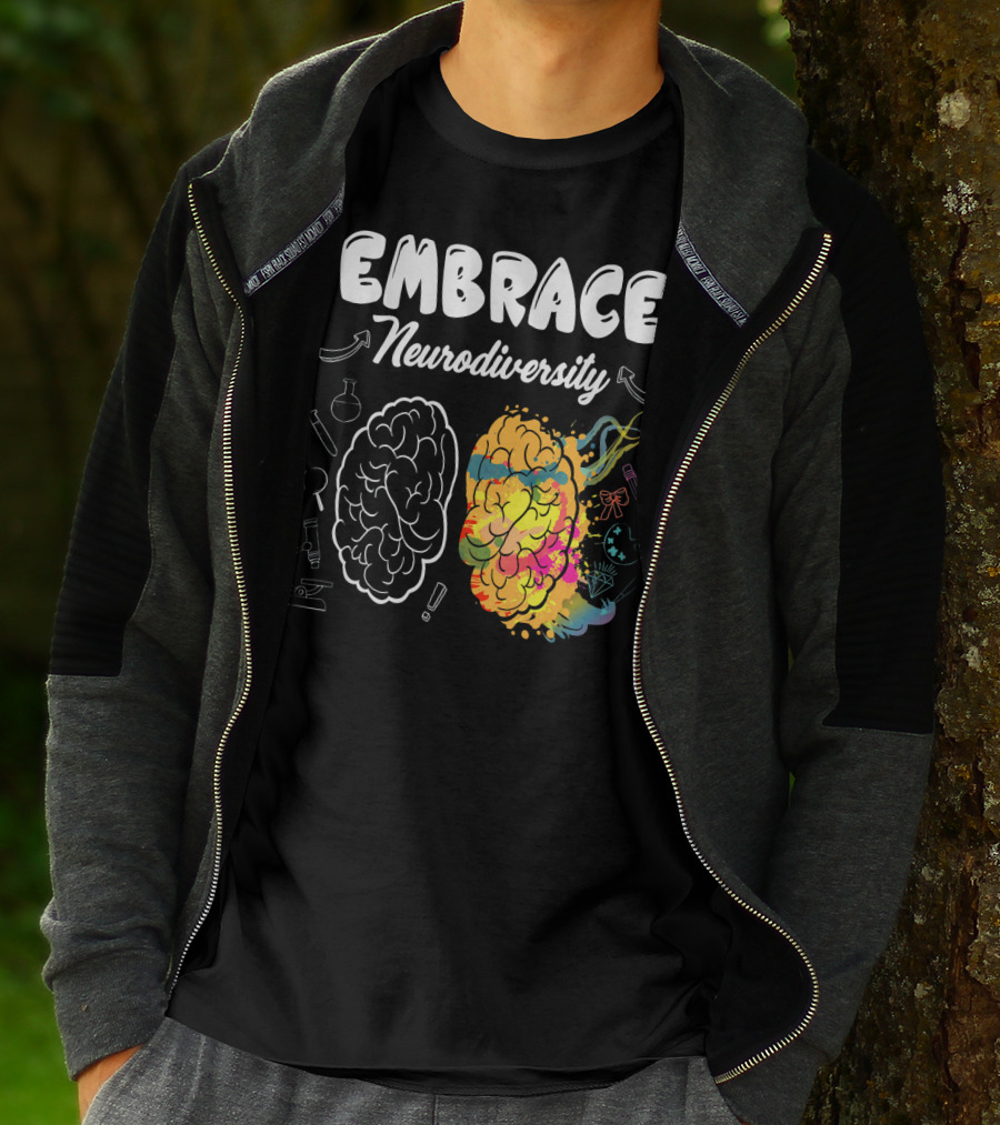 Embrace Neurodiversity Brain Autism Awareness Colorful Science Music Art Icons T-Shirt