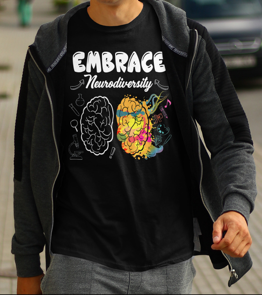 Embrace Neurodiversity Brain Autism Awareness Colorful Science Music Art Icons T-Shirt