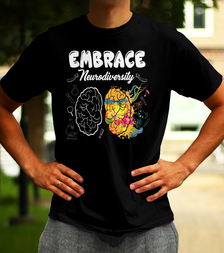 Embrace Neurodiversity Brain Autism Awareness Colorful Science Music Art Icons T-Shirt