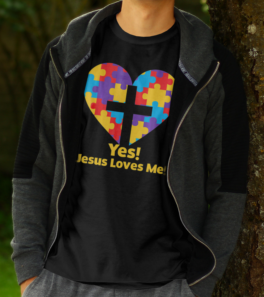 Yes Jesus Loves Me Autism Awareness Catholic Christian Cross Heart Puzzle T-Shirt