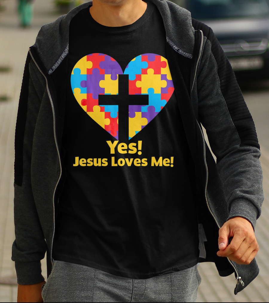 Yes Jesus Loves Me Autism Awareness Catholic Christian Cross Heart Puzzle T-Shirt