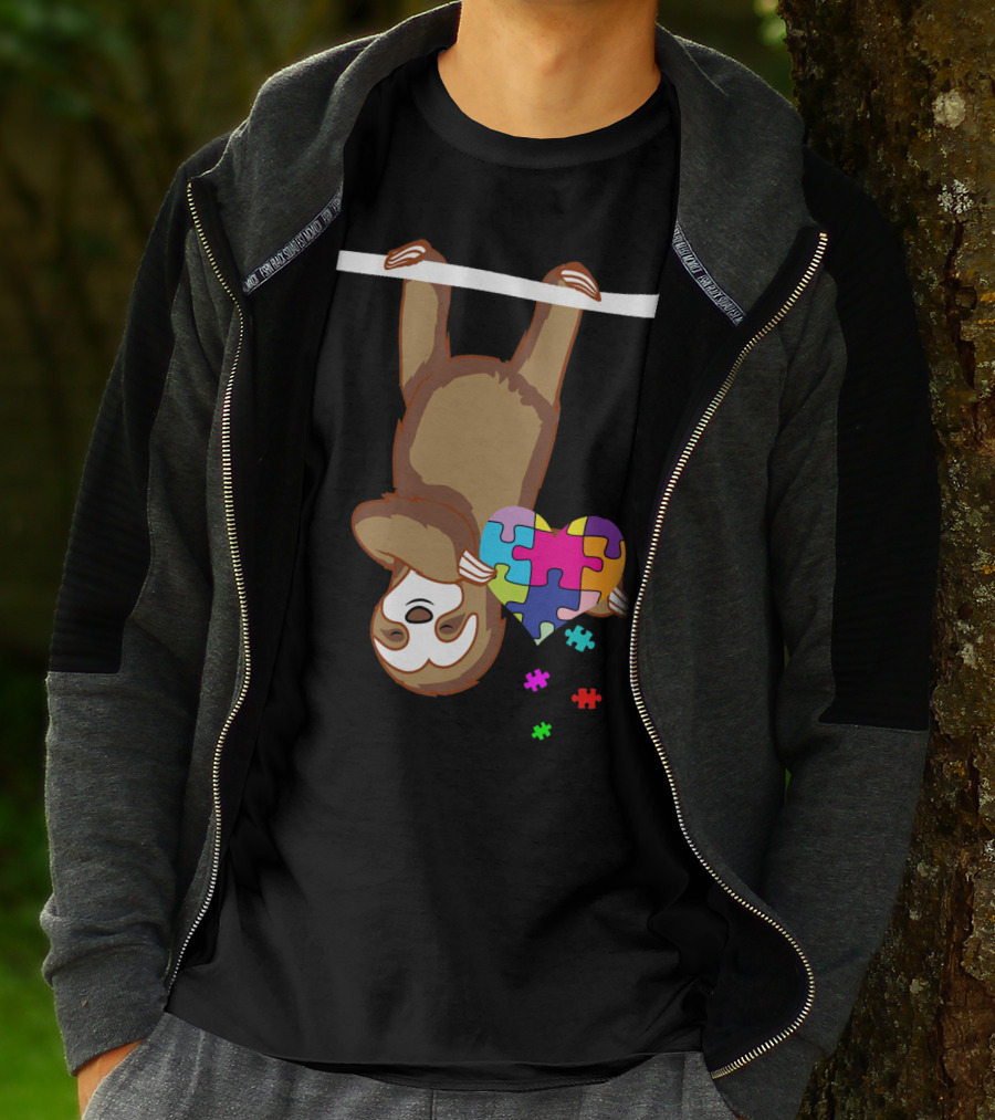 Sloth Holding Puzzle Heart Autism Awareness T-Shirt