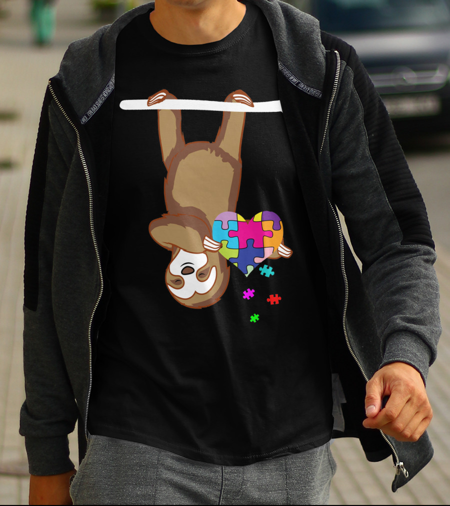 Sloth Holding Puzzle Heart Autism Awareness T-Shirt