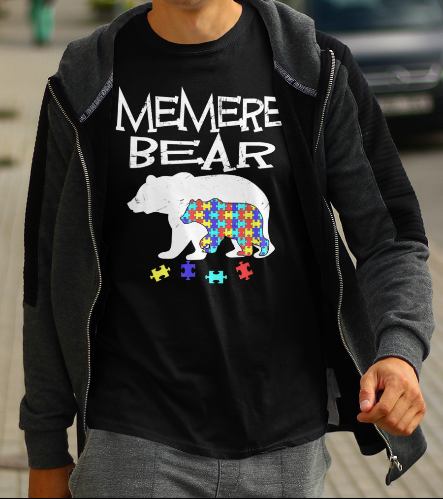 Memere Bear Autism Awareness Puzzle Pieces T-Shirt