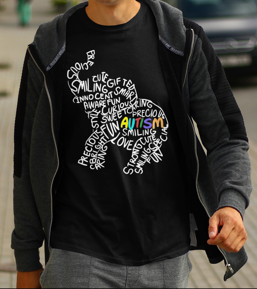Autism Elephant Awareness Smiling Strong Gift Bright Curious Precious Fun T-Shirt