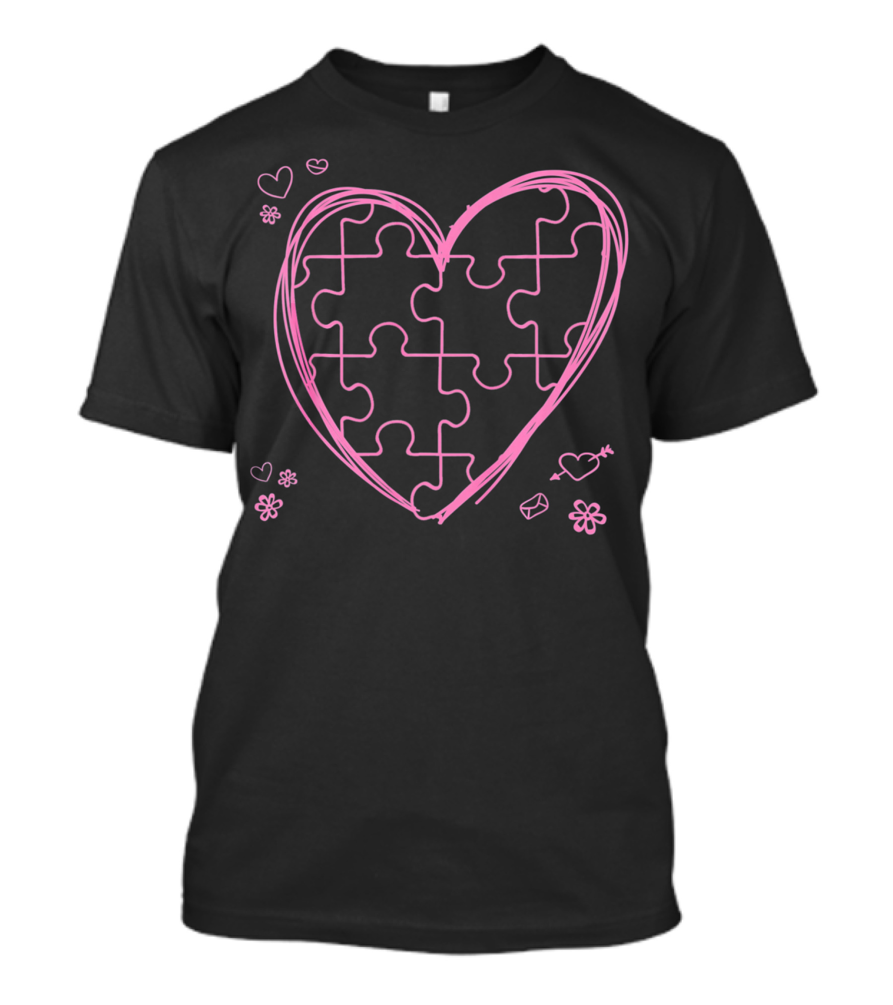 Pink Heart With Puzzle Pieces And Flowers T-Shirt