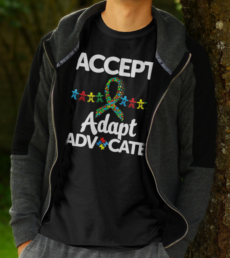 Accept Adapt Advocate Autism Awareness Puzzle Ribbon And Figures T-Shirt